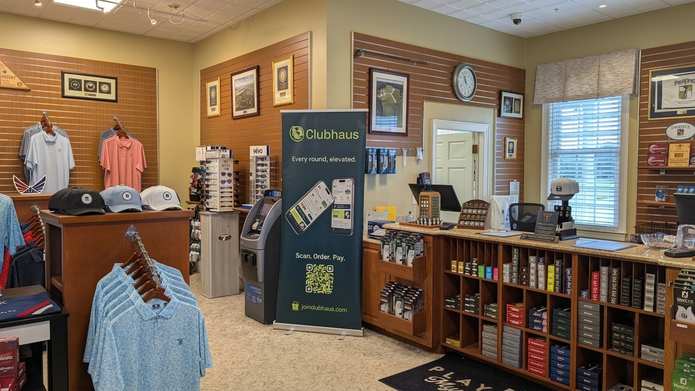 Clubhaus retractable banner placed inside a pro shop next to apparel and the checkout counter