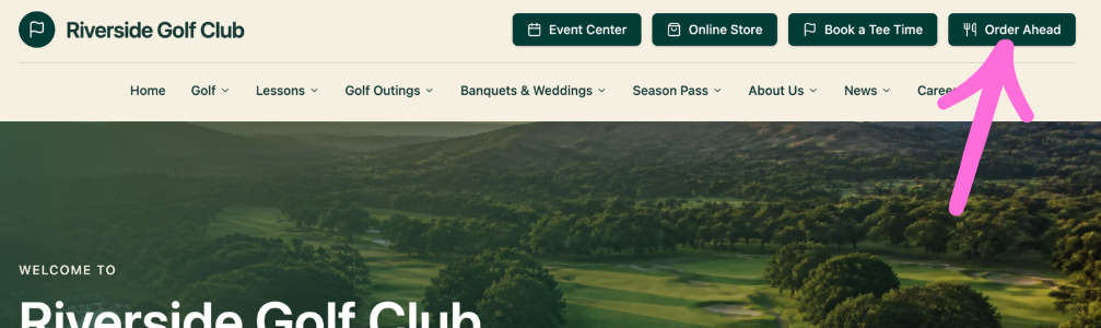 Clubhaus 'Order Ahead' button integrated into a golf club website navigation bar