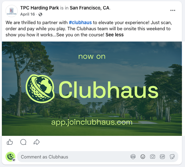 Example social media post from TPC Harding Park announcing their Clubhaus partnership