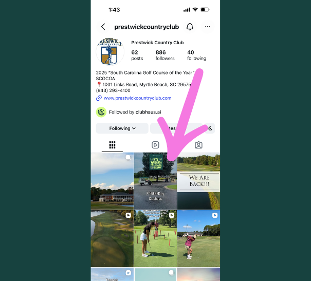 Instagram profile showing Prestwick Country Club followed by clubhaus.ai